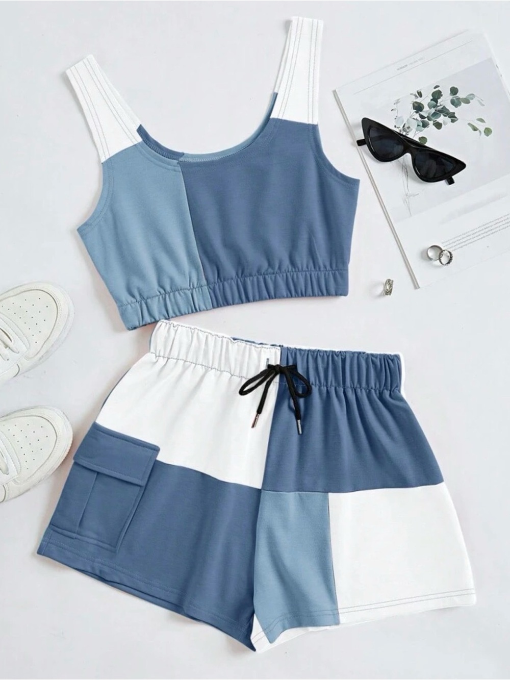 SHEIN Blue & White Colorblock Crop Tank Romper Set